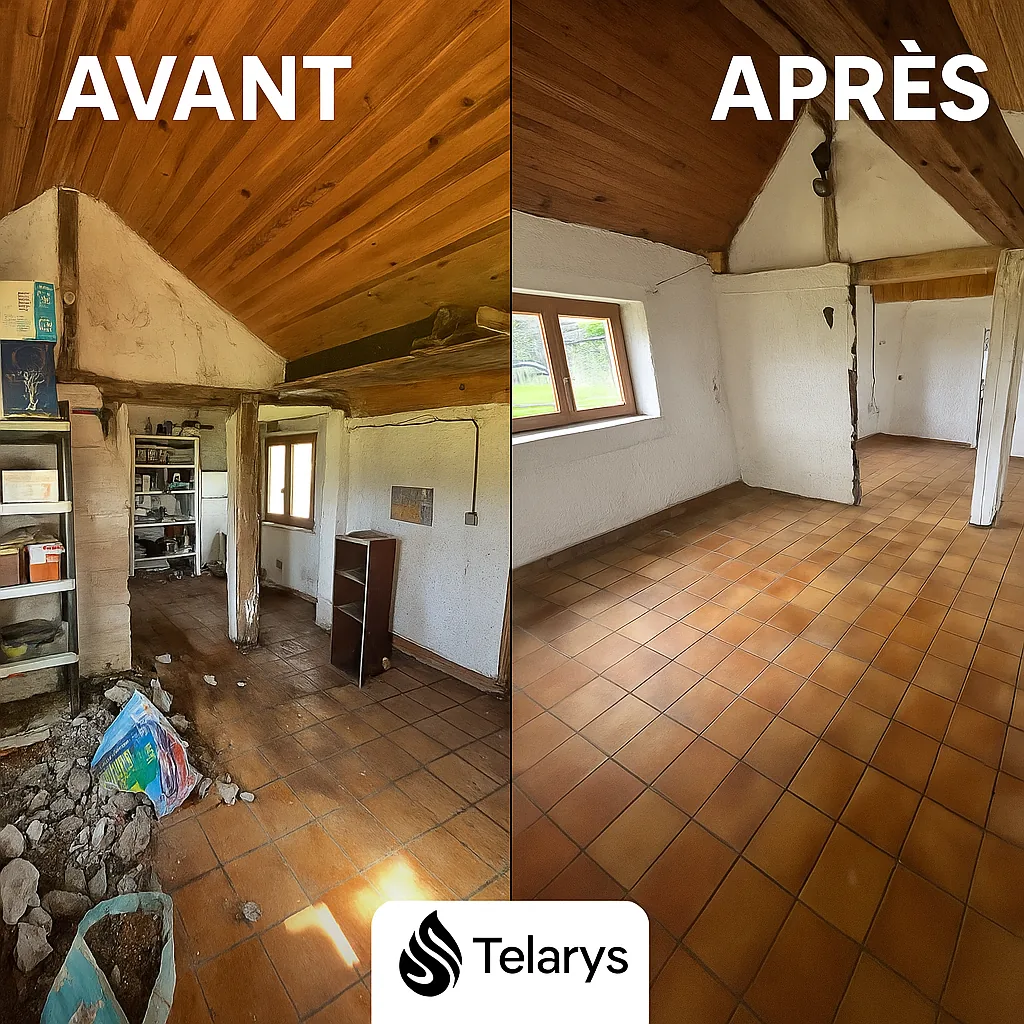 Pièce encombrée avant intervention puis propre et dégagée