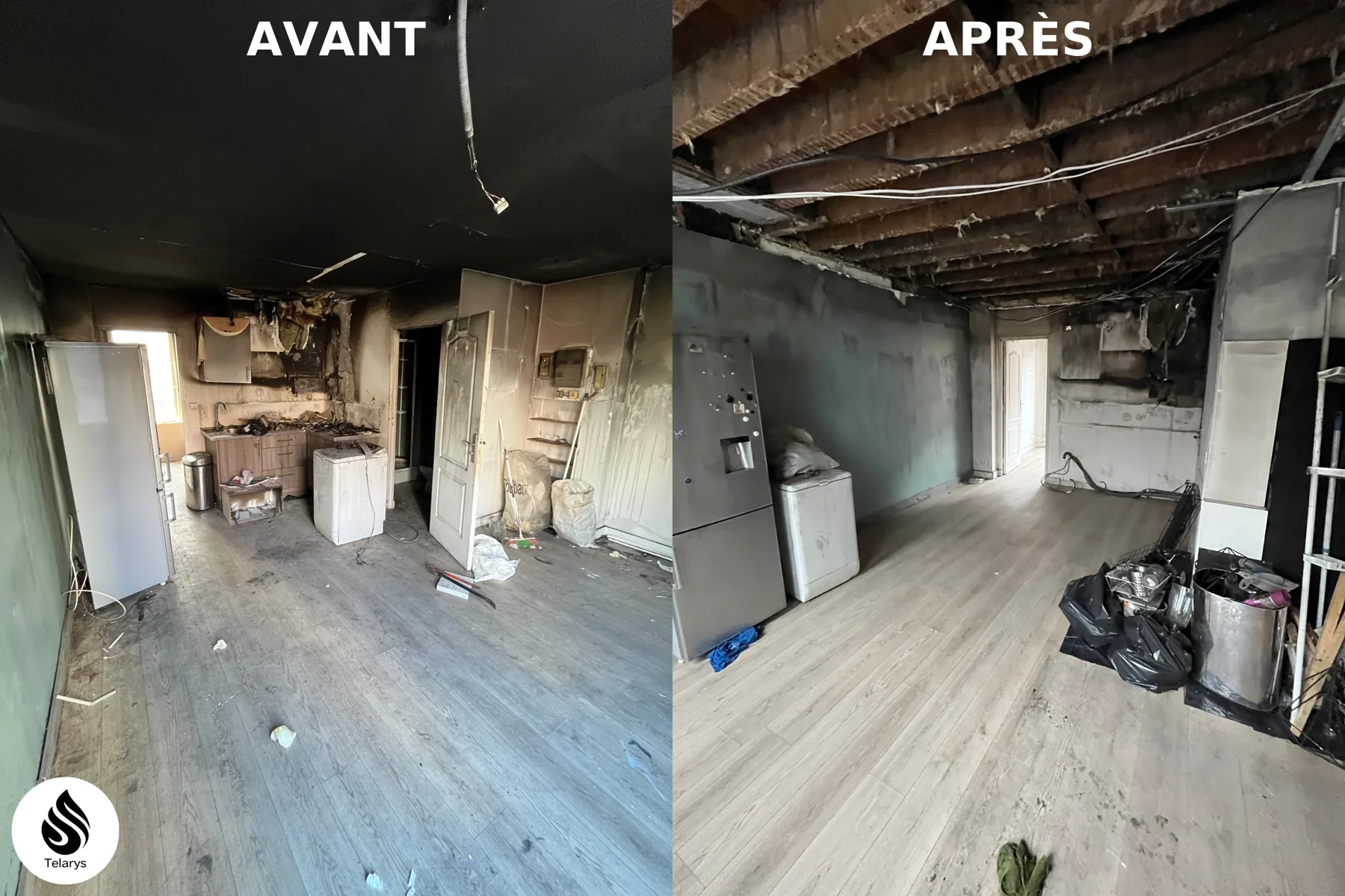 Pièce touchée par un incendie avant et après décontamination