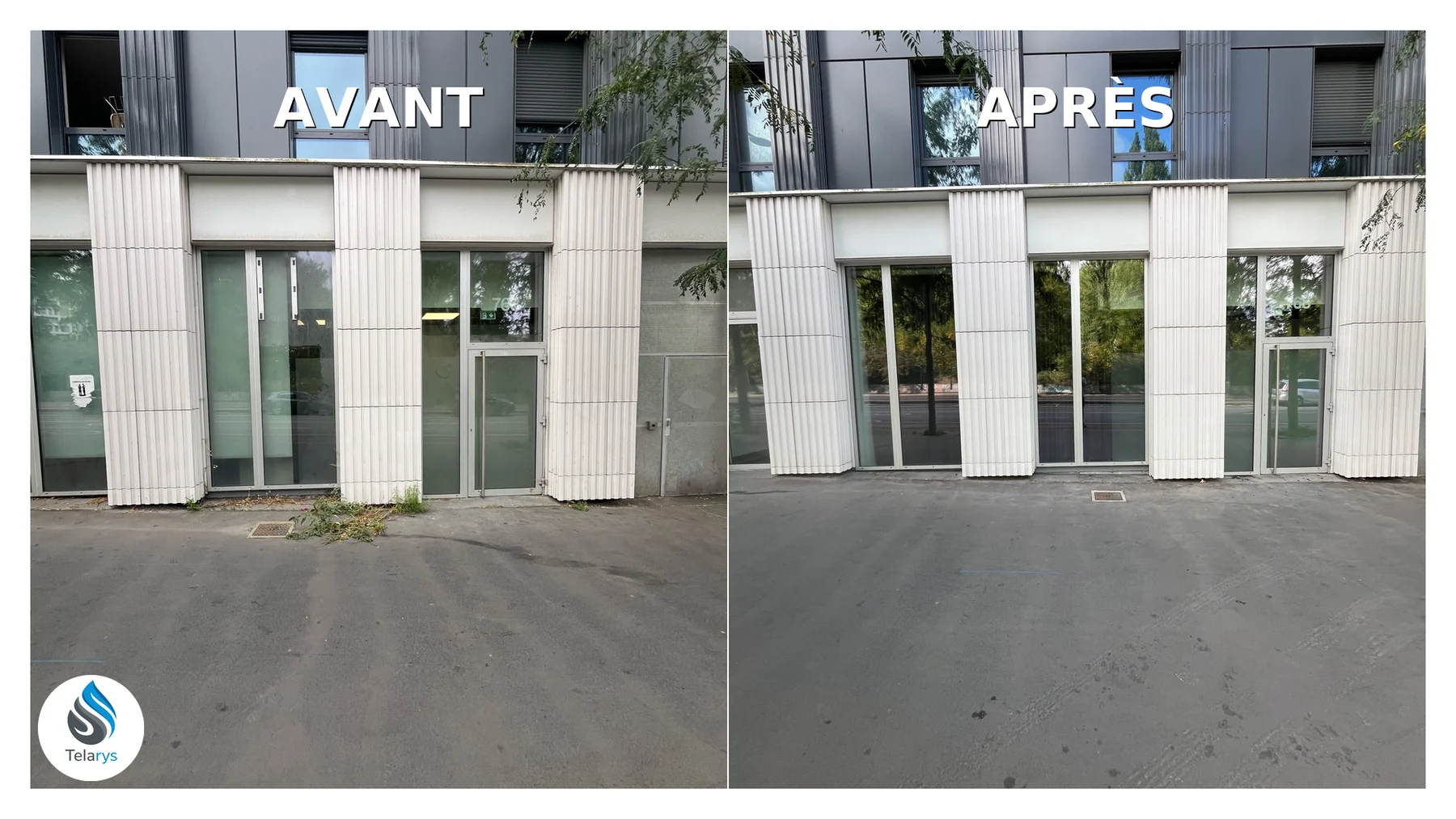 Façade d'un site professionnel avant et après nettoyage