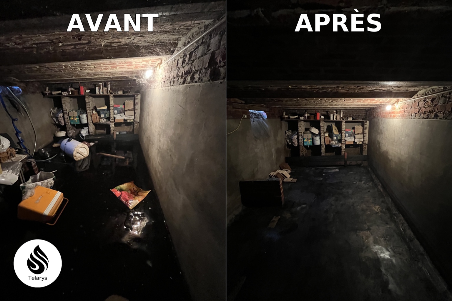 Cave touchée par un dégât des eaux avant et après l'intervention de Telarys